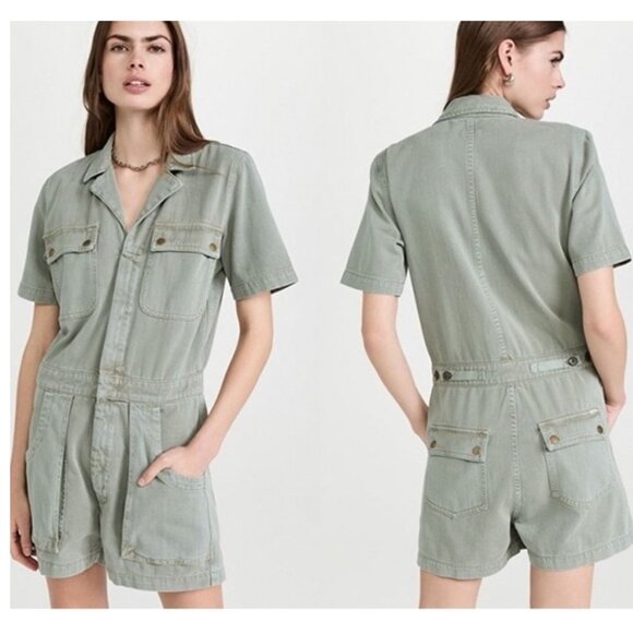 NWT MOTHER Short Sleeve Curbside Utility Romper Spoiler Alert Green Size Small - Picture 1 of 6
